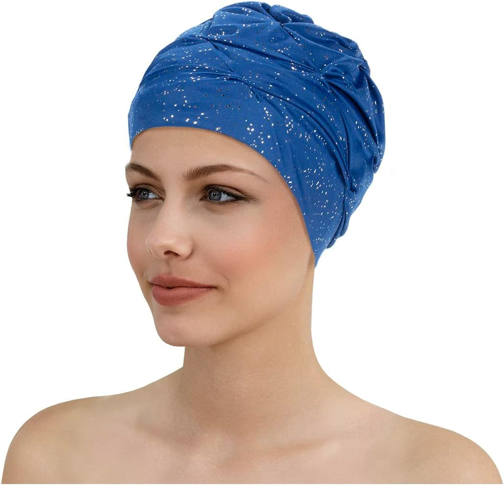 Glamorous Swim Turban Womens' Swim Hat With Velcro Fastener Blue Sparkly 3434