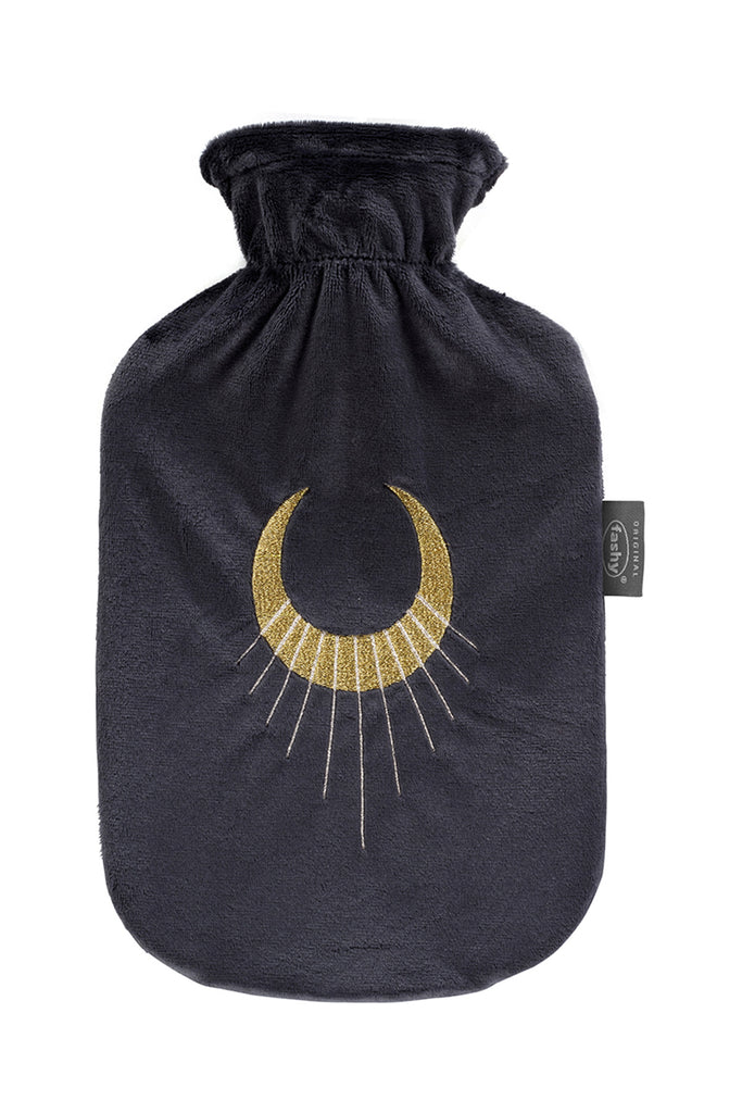 Fashy Hot Water Bottle With Removeable Cover Black Plush Gold Moon