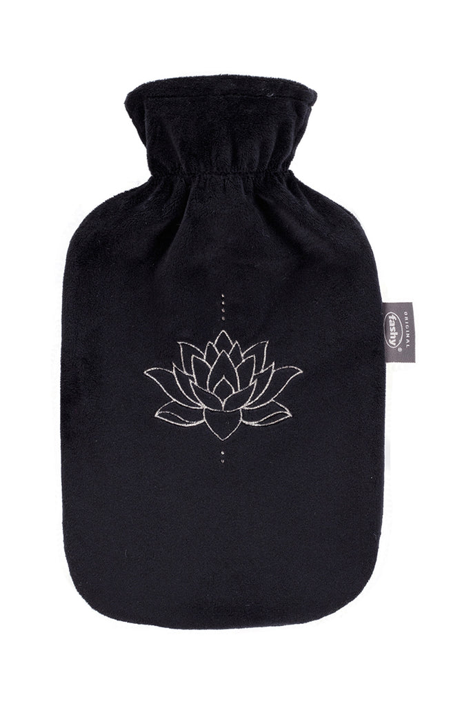 Fashy Hot Water Bottle With Removeable Cover Black Plush Gold Lotus Flower
